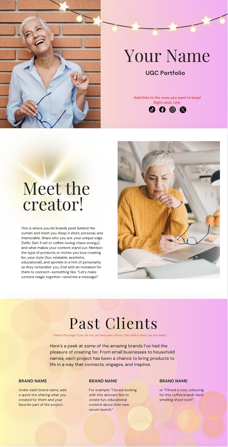 May include: A UGC portfolio template with a woman in a blue shirt and a woman in a yellow sweater. The template includes sections for "Meet the creator," "Your Name," and "Past Clients," with social media icons.