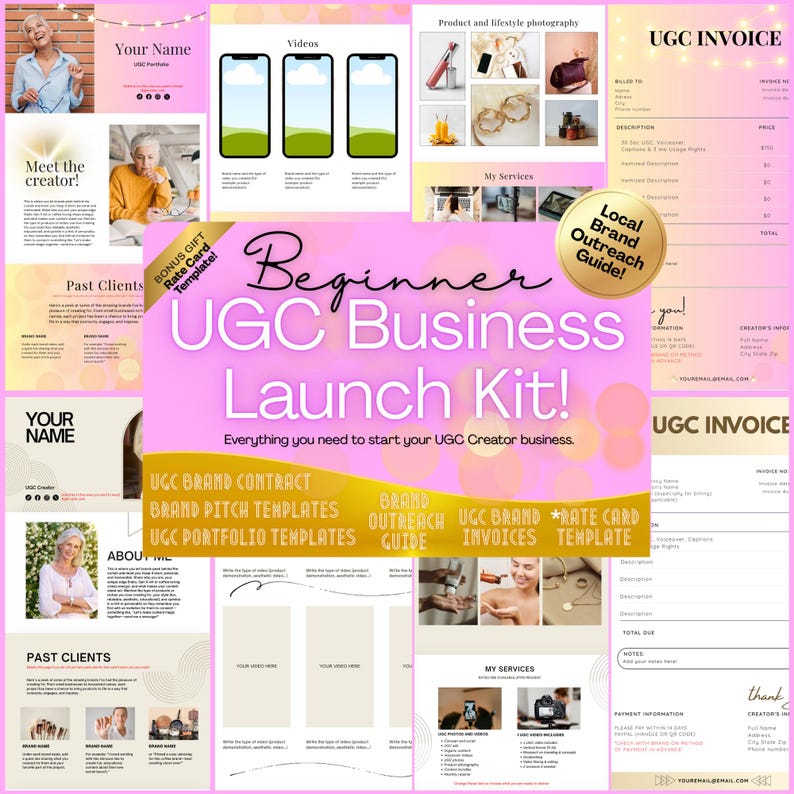 May include: A pink and white digital marketing kit titled "Beginner UGC Business Launch Kit!" includes templates for contracts, invoices, and outreach. The kit also features sample product photos, phone mockups, and a rate card template.