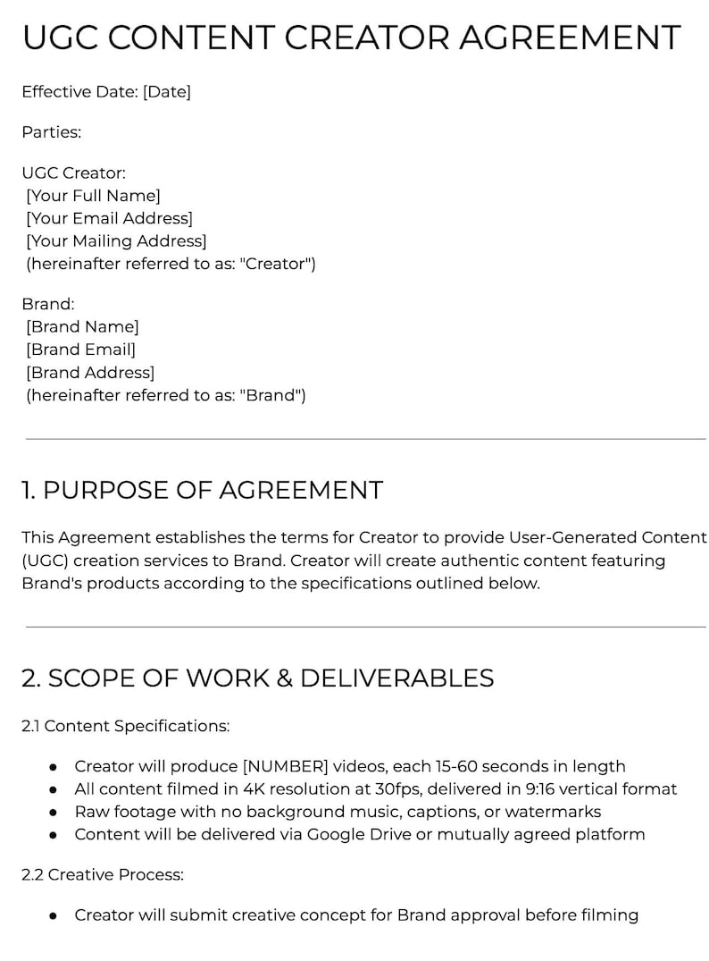 May include: A white document titled "UGC CONTENT CREATOR AGREEMENT" with black text. The agreement outlines terms for content creation, including video specifications, and creative processes. Sections include parties involved, purpose, and scope of work.