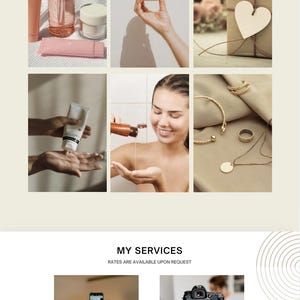 May include: A collage of product and lifestyle photography showcasing beauty products, a gift box, jewelry, and a person using skincare. The image also includes services for UGC photos and videos.
