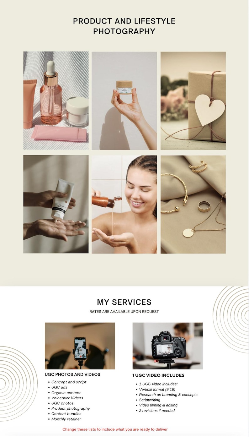May include: A collage of product and lifestyle photography showcasing beauty products, a gift box, jewelry, and a person using skincare. The image also includes services for UGC photos and videos.