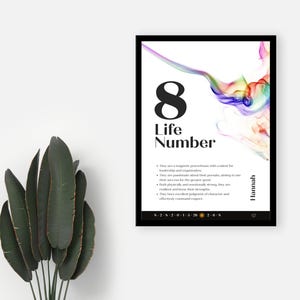 May include: A colorful, abstract design with a rainbow-colored smoke effect. The number 8 is in black text with the words "Life Number" below it. The text "They are a magnetic powerhouse with a talent for leadership and organization. They are passionate about their pursuits, aiming to use their success for the greater good. Both physically and emotionally strong, they are resilient and know their strengths. They have excellent judgment of character and effectively command respect." is in black text. The name "Hannah" is in black text. The numbers "5-2-5-2-0-1-5-26" and "2-6-5" are in black text. A heart icon is in the bottom right corner.