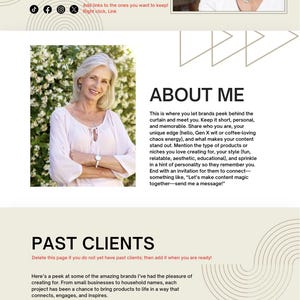 May include: A webpage layout featuring a woman's portrait, text, and images. The top section displays "YOUR NAME" and social media icons. The "ABOUT ME" section describes the creator's work. Below are examples of past clients.