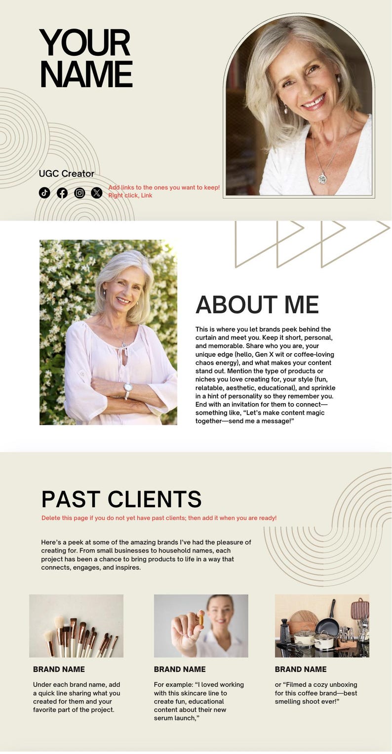 May include: A webpage layout featuring a woman's portrait, text, and images. The top section displays "YOUR NAME" and social media icons. The "ABOUT ME" section describes the creator's work. Below are examples of past clients.
