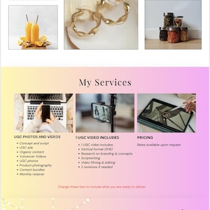 May include: A promotional graphic for product and lifestyle photography services. The image features various product shots, service details, and a call to action. The text includes "Product and lifestyle photography", "My Services", and "Let's Work Together!"