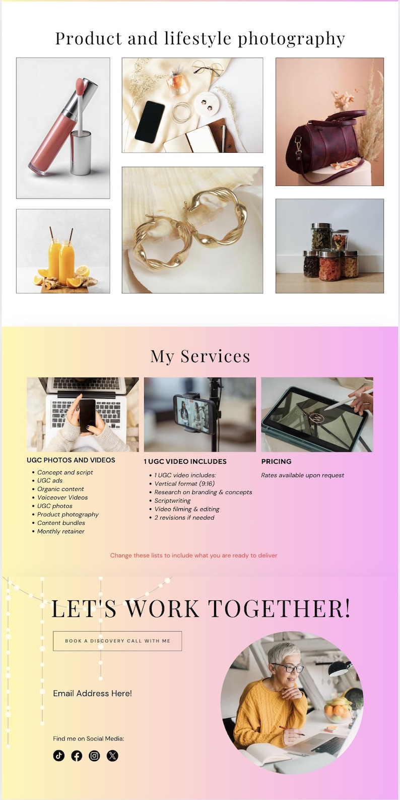 May include: A promotional graphic for product and lifestyle photography services. The image features various product shots, service details, and a call to action. The text includes "Product and lifestyle photography", "My Services", and "Let's Work Together!"