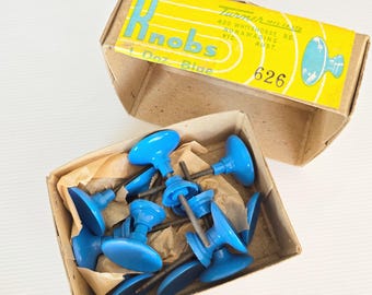 Box of 12x retro hard plastic BLUE knobs/cupboard handles in original box ~ Mid-century / homeware / renovation / upcycling / furniture