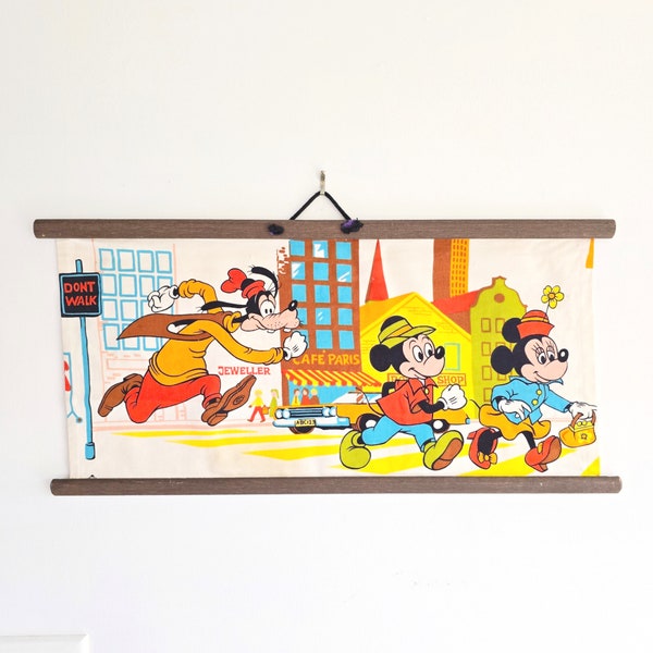 Vintage Mickey Mouse fabric wall hanging display piece ~ Vintage kitsch / Children's wall art / vintage Disney /