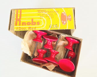 Box of 12x retro hard plastic RED knobs/cupboard handles in original box ~ Mid-century / homeware / renovation / upcycling / furniture