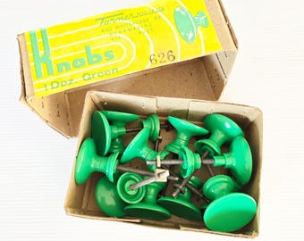 Box of 12x retro hard plastic GREEN knobs/cupboard handles in original box ~ Mid-century / homeware / renovation / upcycling / furniture