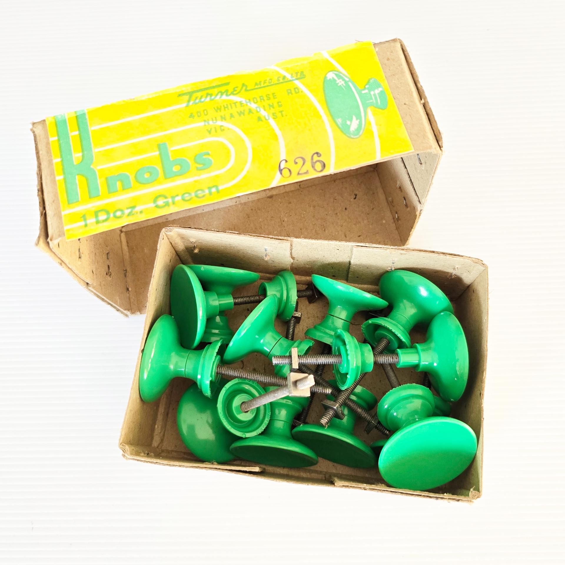 Box of 12x retro hard plastic GREEN knobs/cupboard handles in original box ~ Mid-century / homeware / renovation / upcycling / furniture