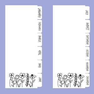May include: Two white planner inserts with floral line art at the bottom and month labels on the side. The left insert has labels for January through June. The right insert has labels for July through December. The background is a light purple.