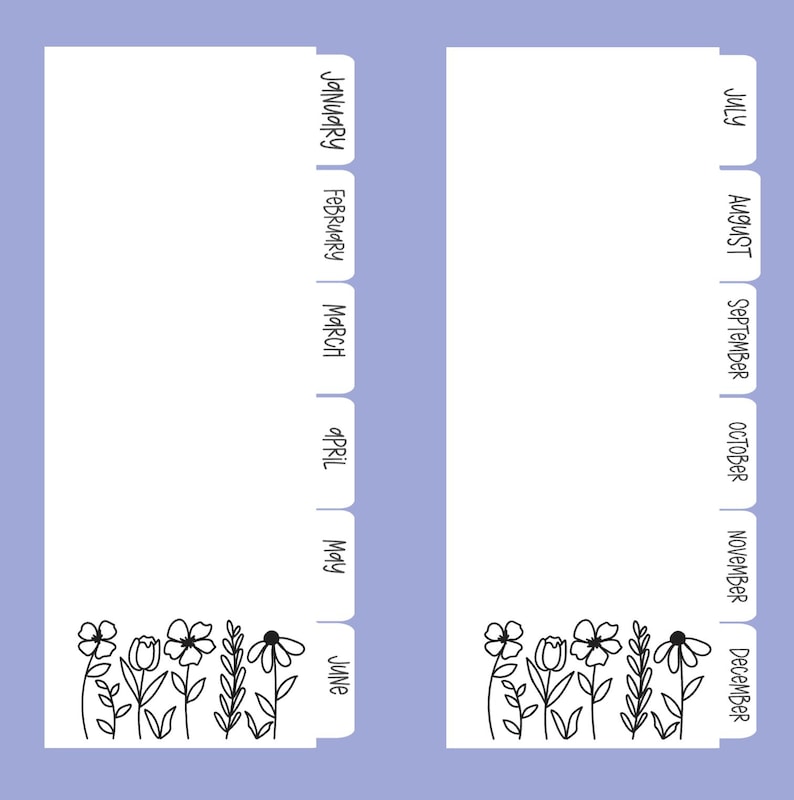 May include: Two white planner inserts with floral line art at the bottom and month labels on the side. The left insert has labels for January through June. The right insert has labels for July through December. The background is a light purple.