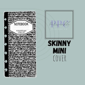 May include: Black and white notebook cover with a textured design. The cover has a title that reads "NOTEBOOK" and the text "40 sheets/80 pages college ruled". The cover is for a skinny mini planner.