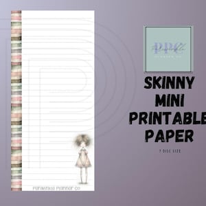 May include: A skinny mini printable paper with lined pages. The paper has a decorative spine with pastel colors. A small illustration of a doll is at the bottom. The text "Skinny Mini Printable Paper" is displayed.