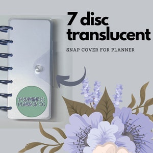 May include: A clear translucent 7-disc planner cover with a silver snap closure. The cover has a sticker that says "Periwinkle Planner Co."