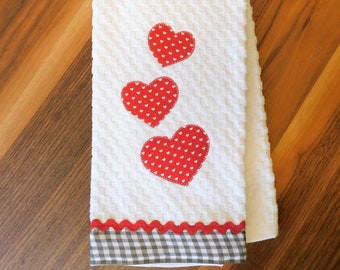 Three Hearts Hand Towel-Waffle Weave- Kitchen- Bathroom-Valentines