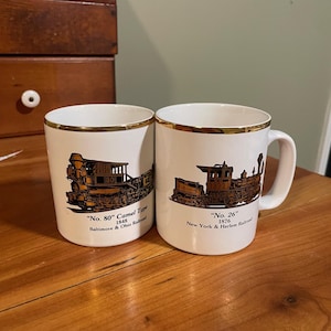 Antique English Made Staffordshire Pottery Variety of American Trains Coffee Mug Set