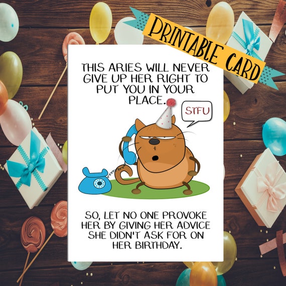 Printable Aries Funny Zodiac Happy Birthday Card Horoscope Etsy