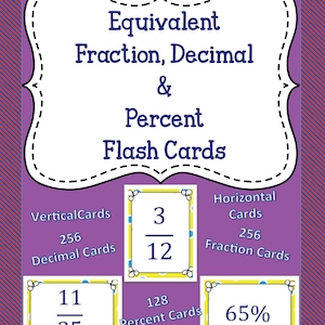 May include: Educational flash cards for equivalent fractions, decimals, and percents. The purple background features the title "Equivalent Fraction, Decimal & Percent Flash Cards." Includes fraction, decimal, and percent cards.
