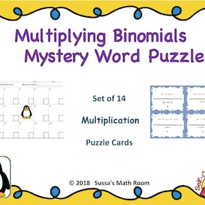 Puede incluir: Una hoja de trabajo de matemáticas titulada "Multiplying Binomials Mystery Word Puzzle" con un gráfico de pingüino. El texto dice "Set of 14 Multiplication Puzzle Cards". Incluye una cuadrícula para la multiplicación polinómica y tarjetas de rompecabezas.