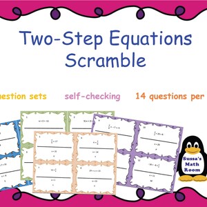 May include: A colorful educational graphic titled "Two-Step Equations Scramble" with four question sets, self-checking, and 14 questions per set. The image includes a cartoon penguin and math problems.