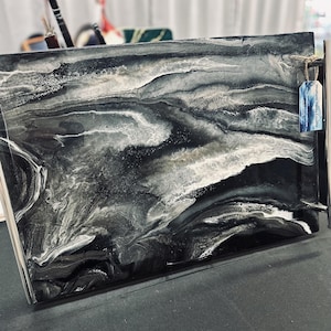 Handcrafted Extra-Large Resin Tray - Black, White, and Gray With Silver Metallic Accents