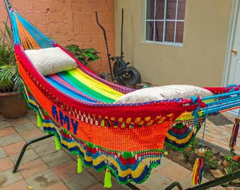 Colorful Cotton Hammock handwoven in crochet with names personalized in the fringes