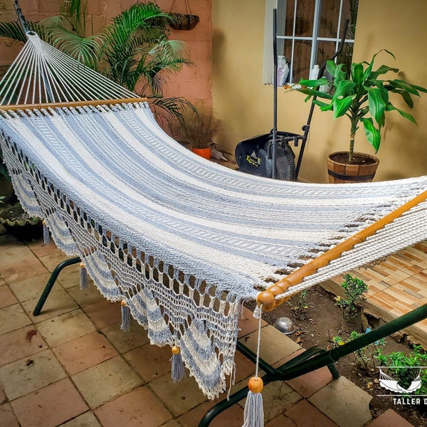 Cotton Handwoven Boho Single Hammock with wooden spreader bars Gray and White Color with Crochet Fringes