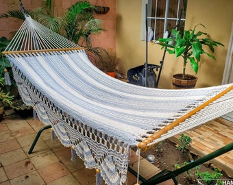 Cotton Handwoven Boho Single Hammock with wooden spreader bars Gray and White Color with Crochet Fringes