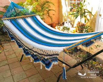 Cotton Handwoven Hammock with wooden spreader bars Navy, white and green with Crochet Fringes