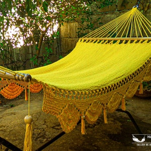 Double yellow Hammock with Spreader Bars and Crochet Fringe, organic cotton, backyard and living room hammock