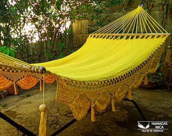 Double yellow Hammock with Spreader Bars and Crochet Fringe, organic cotton, backyard and living room hammock