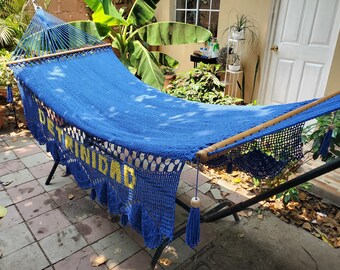 Single Cotton Blue Hammock with Handwoven letters Crochet Fringes - A Unique Gift for One