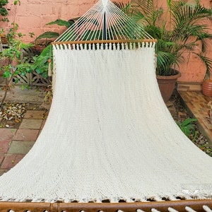 Cotton Handwoven Large Double Hammock with wooden spreader bars Natural Color Crochet Ornament image 4