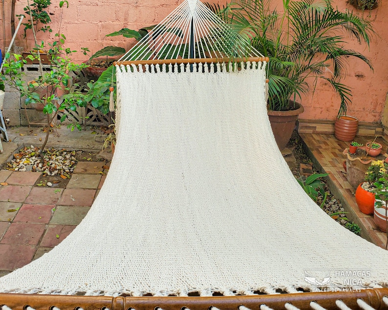 Cotton Handwoven Large Double Hammock with wooden spreader bars Natural Color Crochet Ornament image 4