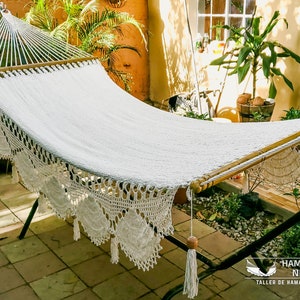 Boho Natural Cotton Hammock with wooden spreader bars and crochet Fringes