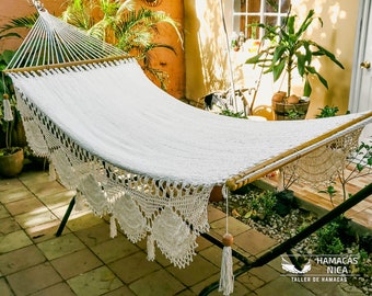 Boho Natural Cotton Hammock with wooden spreader bars and crochet Fringes