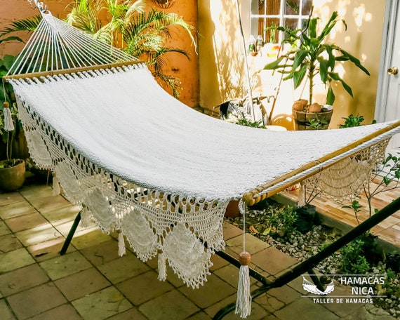Boho Natural Cotton Hammock With Wooden Spreader Bars and Crochet