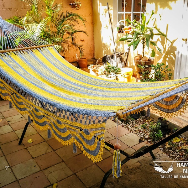 Handwoven Gray and Yellow Cotton Hammock with Wooden Spreader Bars and Crochet Fringes