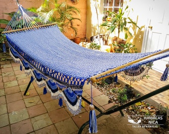 Cotton Handwoven Single Hammock with Crochet Fringes in Blue, Gray and Natural | Outdoors and Indoors