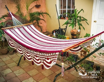 Red wine and Natural Cotton Hammock with wooden spreader bars with Crochet Fringes