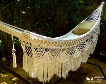 Single Boho Hammock Handwoven with Luxury Vintage Crochet Ornament Natural Beige Color Free Shipping DHL Express 3 - 5 days