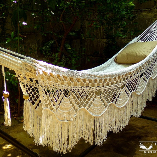Single Boho Hammock Handwoven with Luxury Vintage Crochet Ornament Natural Beige Color Free Shipping DHL Express 3 - 5 days