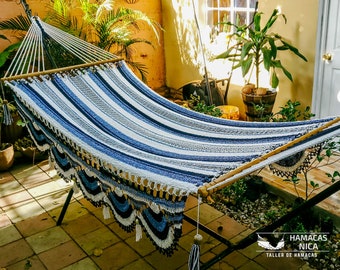 Denim Cotton Hammock with wooden spreader bars and Crochet handwoven Fringes