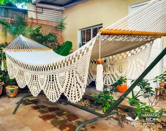 Cotton Handwoven Hammock with Wooden Spreaders Bars and special Crochet Fringes