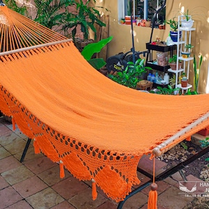 Orange Double Handwoven Cotton Hammock with Spreader Bars for two people with Crochet Fringes