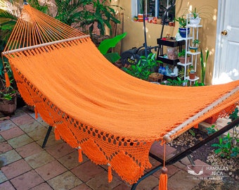Orange Double Handwoven Cotton Hammock with Spreader Bars for two people with Crochet Fringes