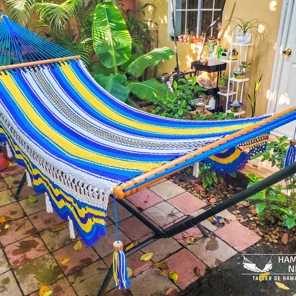 Cotton Handwoven Blue, Yellow and White Hammock with wooden spreader bars and crochet fringes