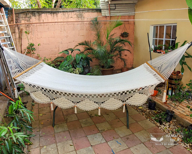 Cotton Handwoven Large Double Hammock with wooden spreader bars Natural Color Crochet Ornament image 2